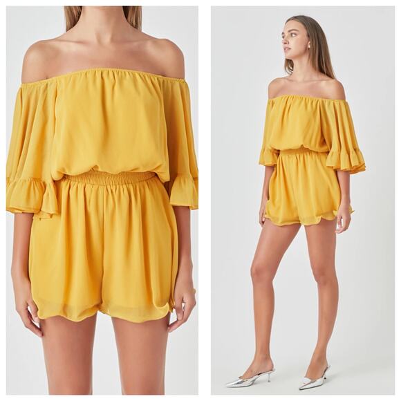 Vici Endless Rose Yellow Ruffled Sleeve Romper Medium Off Shoulder Chiffon - Picture 8 of 13